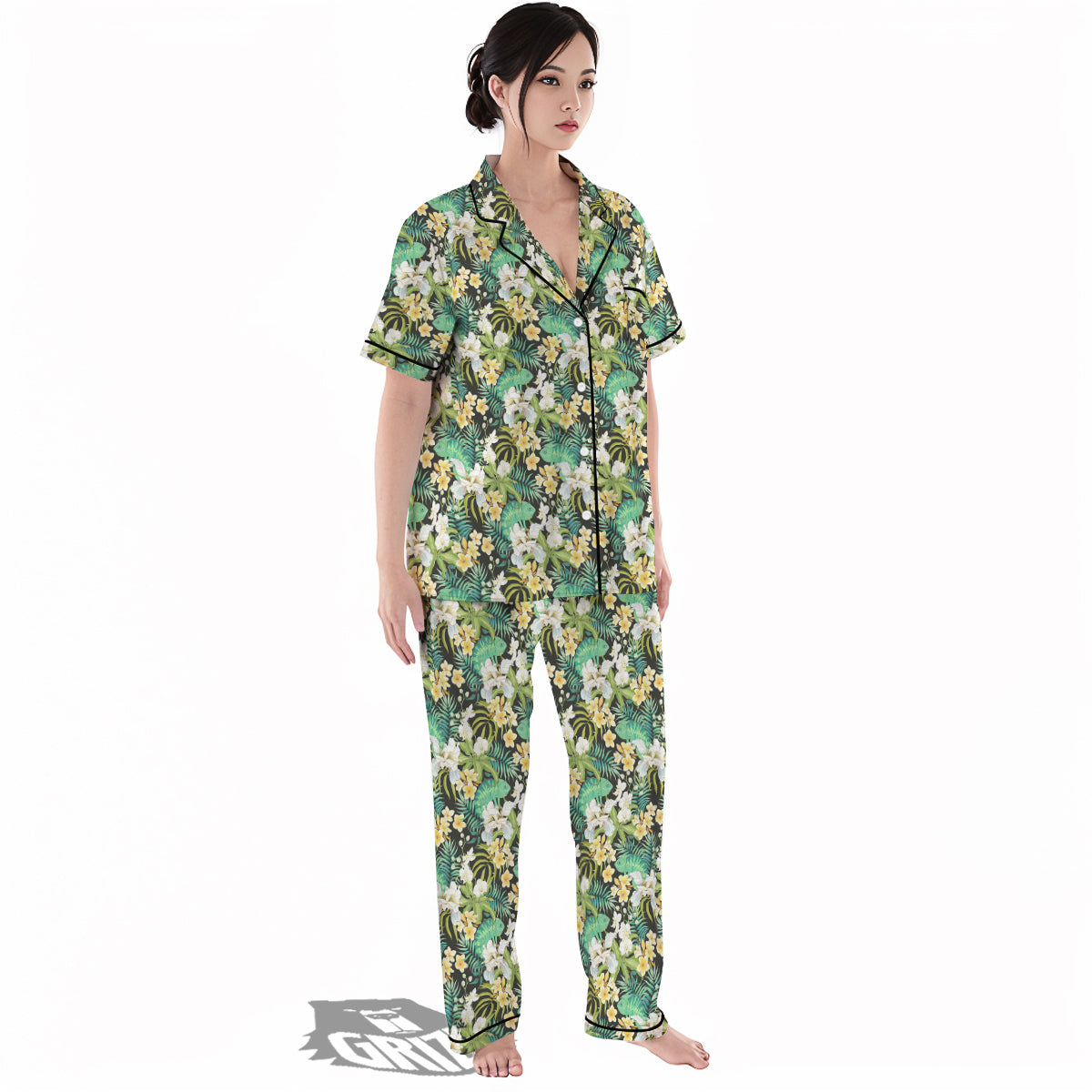 Green Chameleon And Flowers Plumeria Orchid Print Pattern Women's Pajamas Set-grizzshop