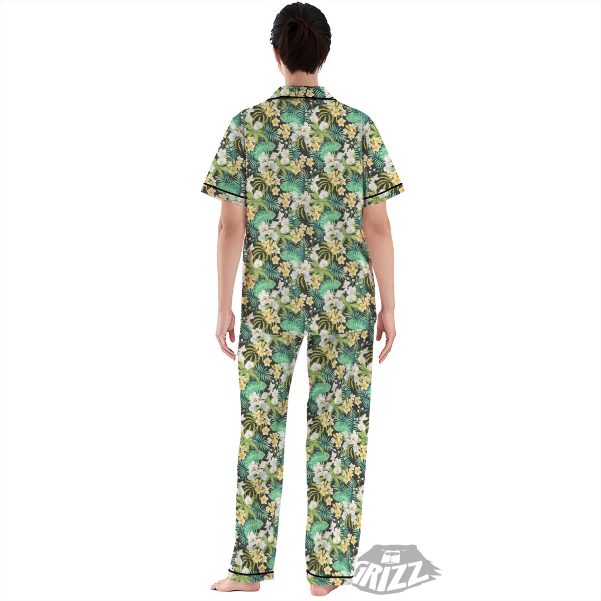 Green Chameleon And Flowers Plumeria Orchid Print Pattern Women's Pajamas Set-grizzshop