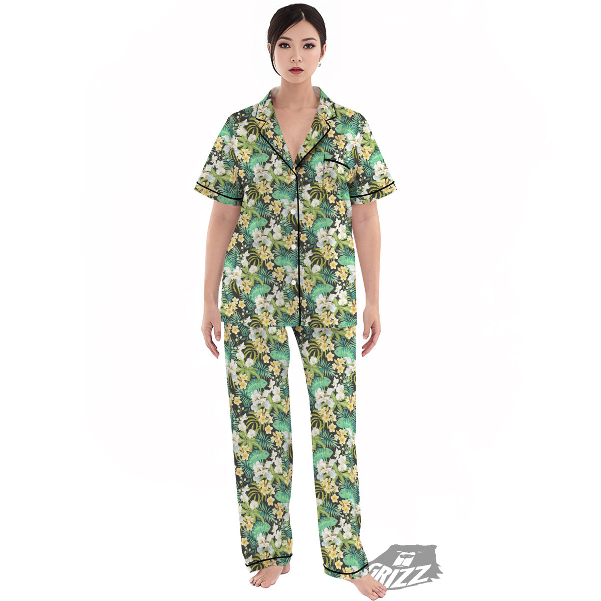 Green Chameleon And Flowers Plumeria Orchid Print Pattern Women's Pajamas Set-grizzshop