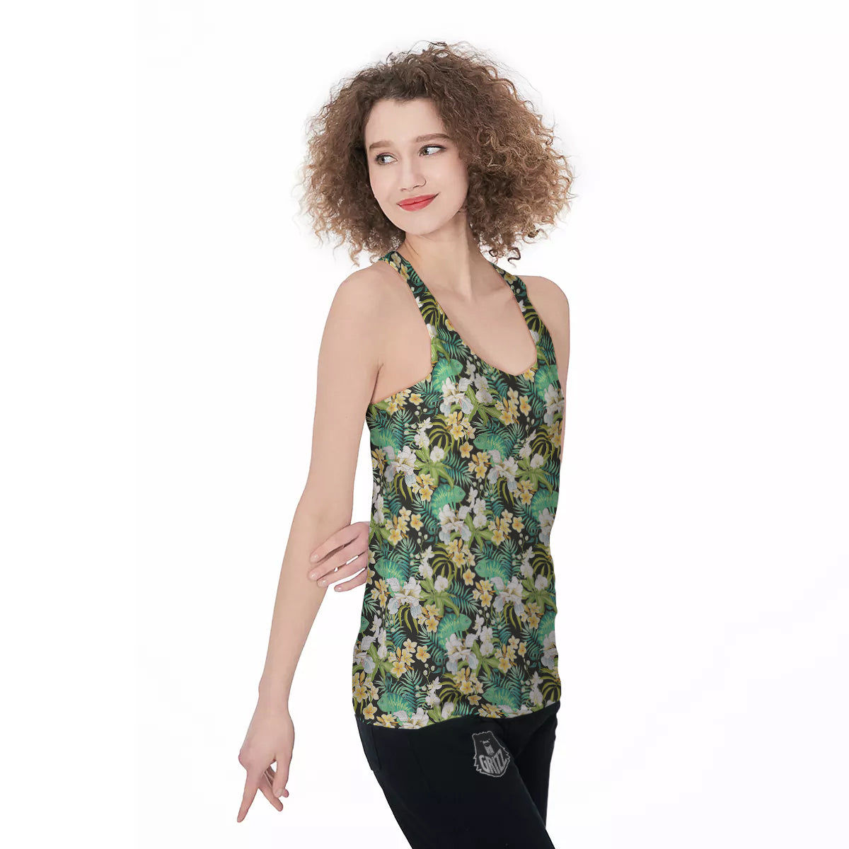 Green Chameleon And Flowers Plumeria Orchid Print Pattern Women's Racerback Tank Top-grizzshop