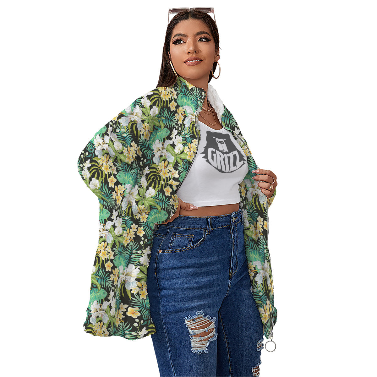Green Chameleon And Flowers Plumeria Orchid Print Pattern Women's Sherpa Jacket-grizzshop