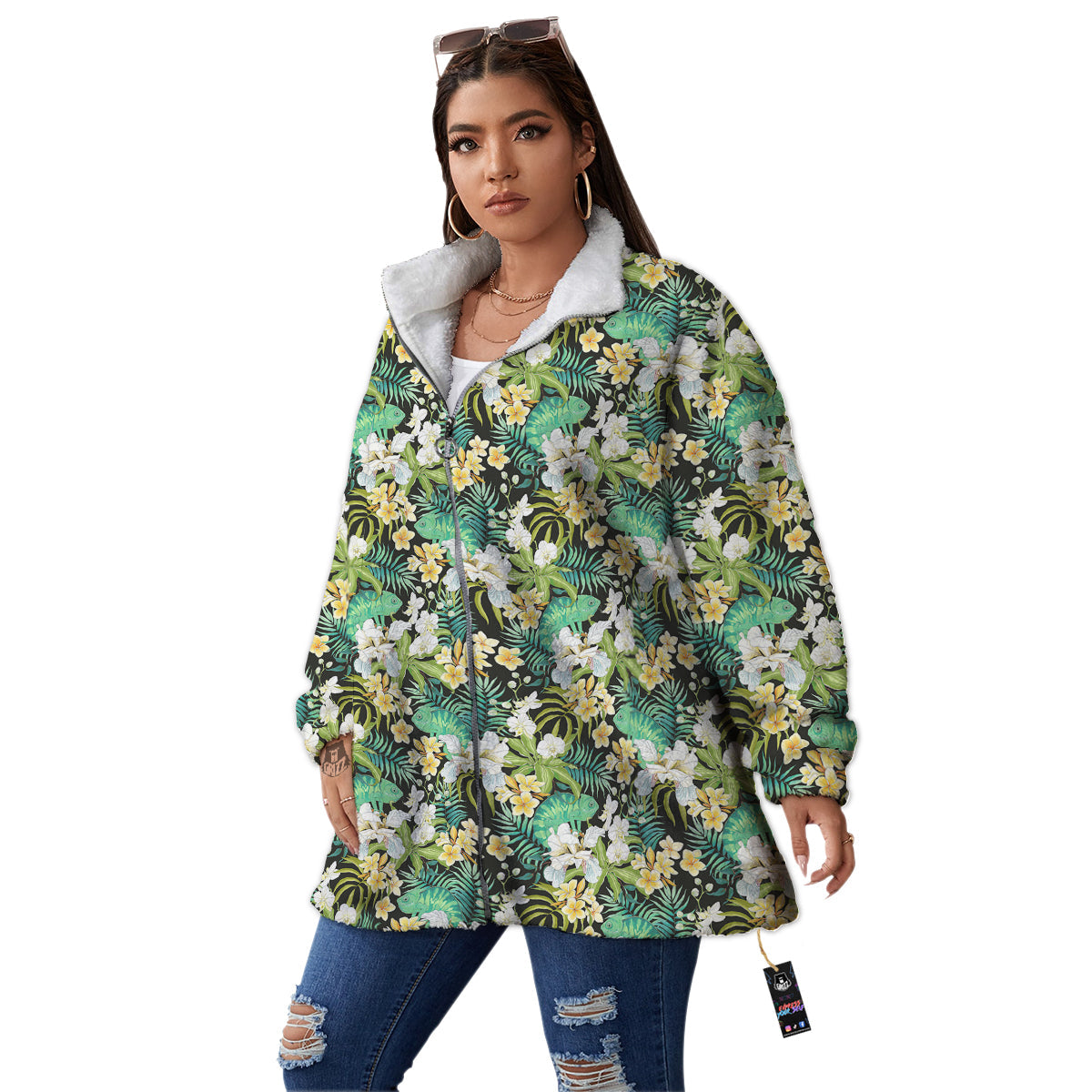 Green Chameleon And Flowers Plumeria Orchid Print Pattern Women's Sherpa Jacket-grizzshop