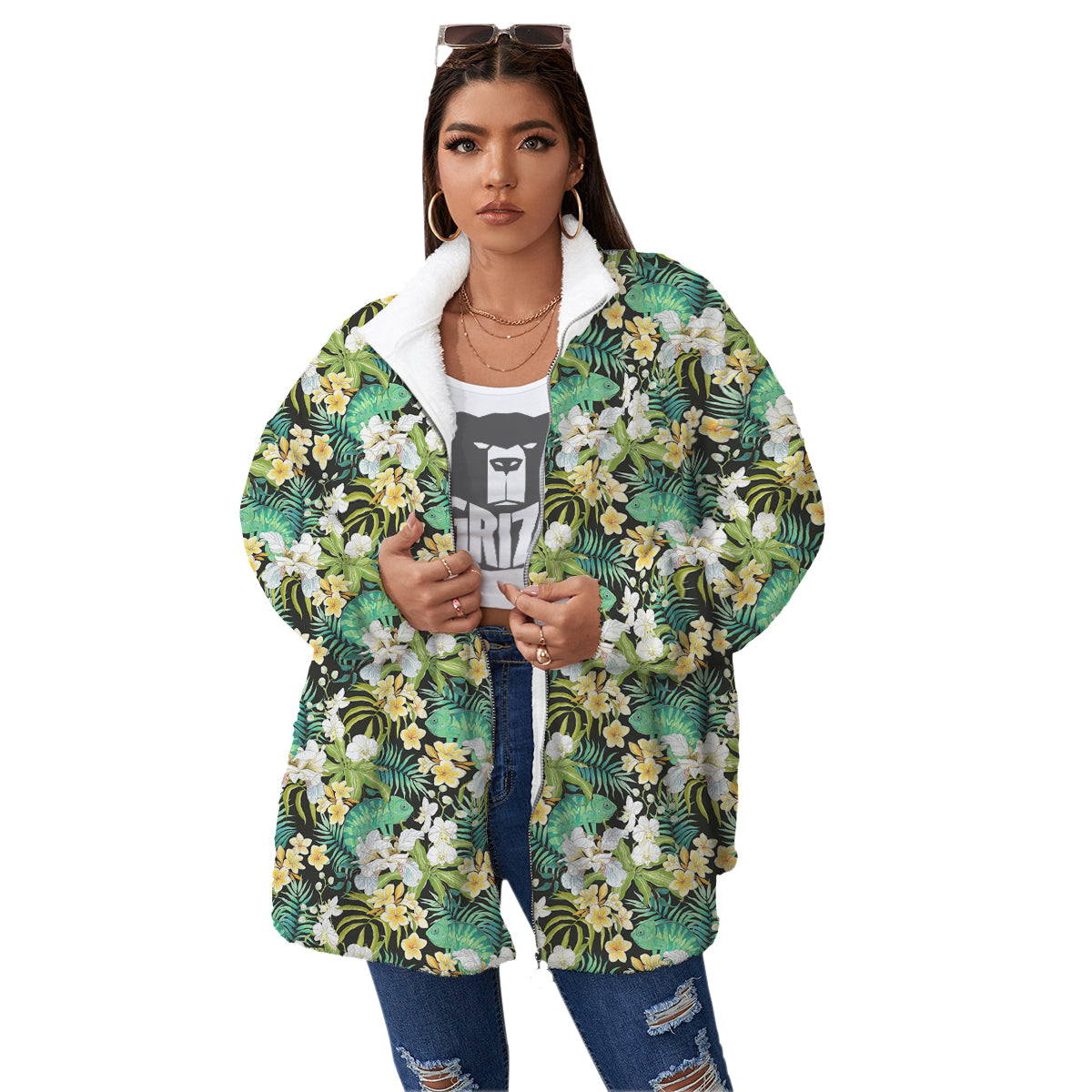 Green Chameleon And Flowers Plumeria Orchid Print Pattern Women's Sherpa Jacket-grizzshop
