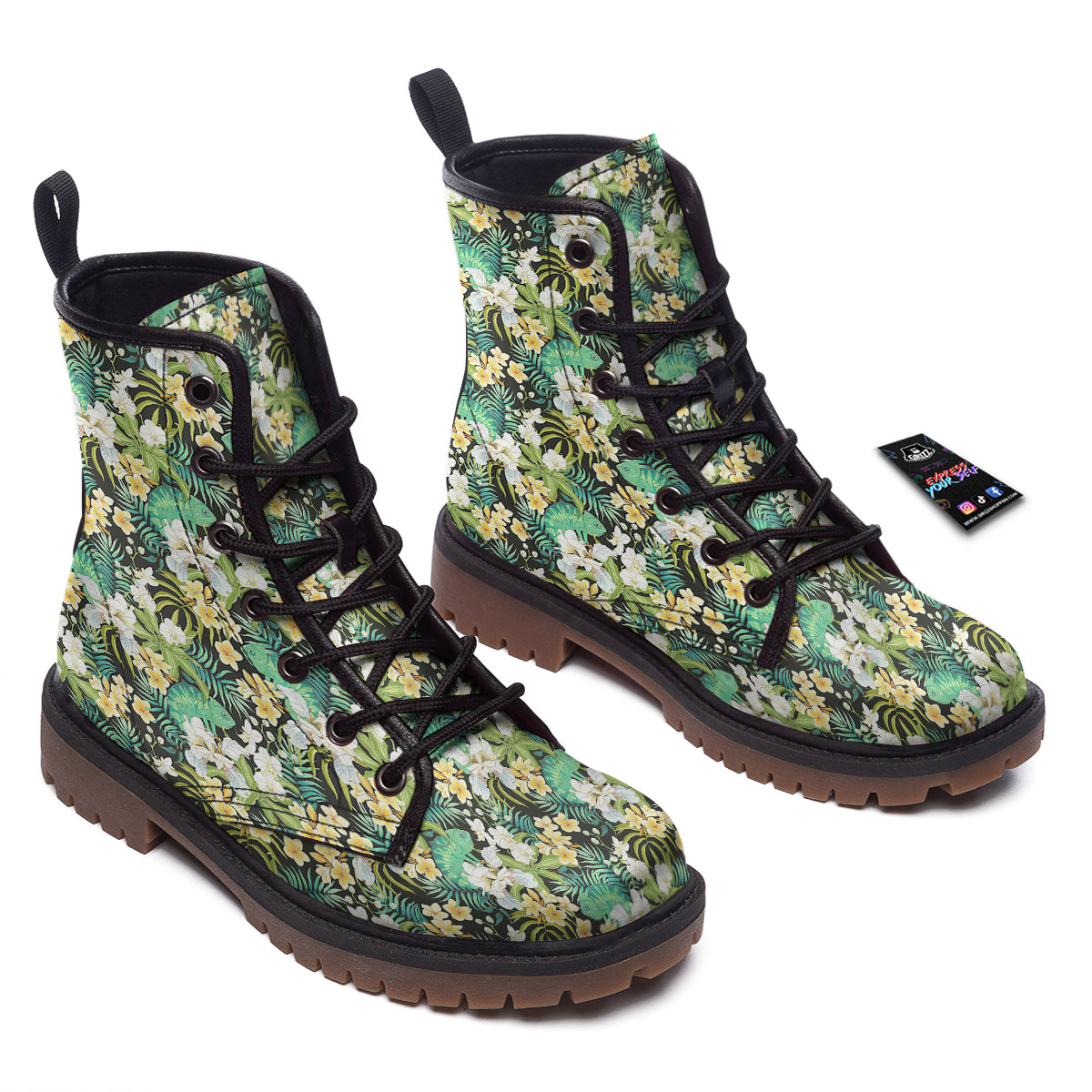 Green Chameleon And Flowers Plumeria Orchid Print Pattern Work Boots-grizzshop