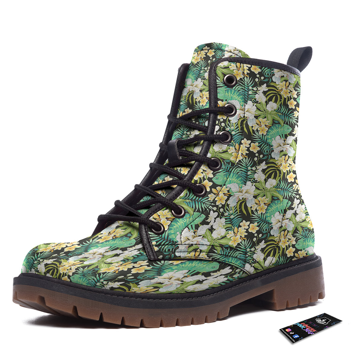 Green Chameleon And Flowers Plumeria Orchid Print Pattern Work Boots-grizzshop