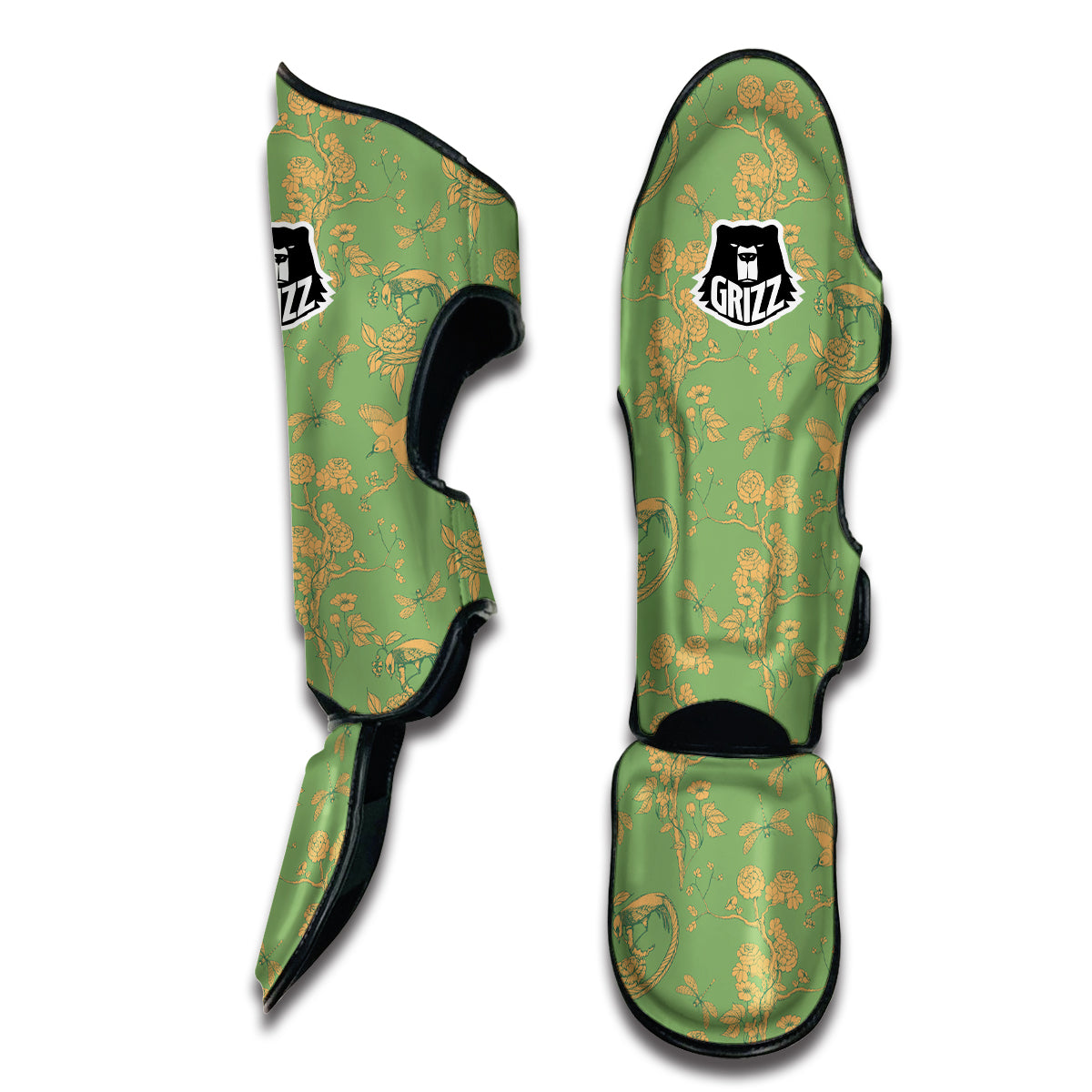 Green Chinoiserie Print Pattern Muay Thai Shin Guards-grizzshop