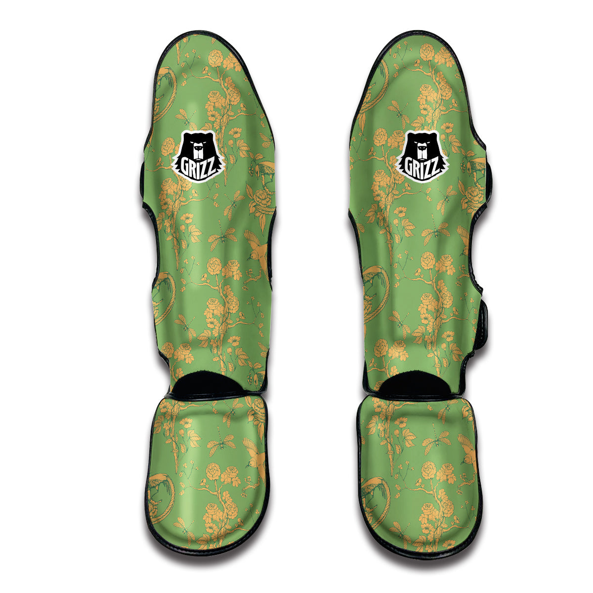 Green Chinoiserie Print Pattern Muay Thai Shin Guards-grizzshop