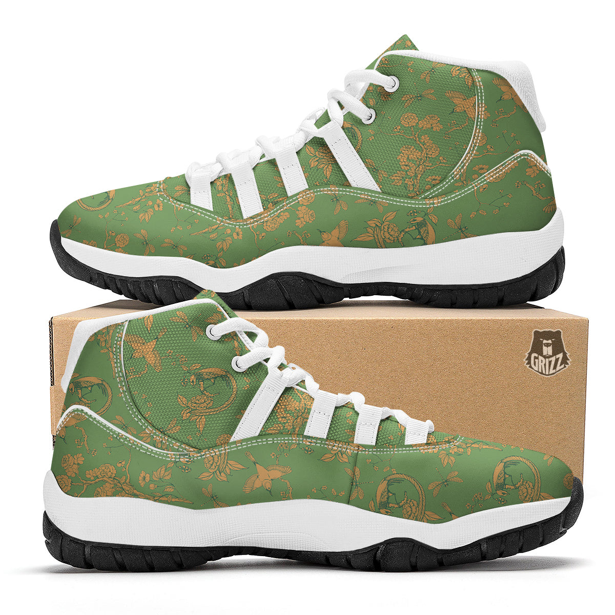Green Chinoiserie Print Pattern White Bball Shoes-grizzshop