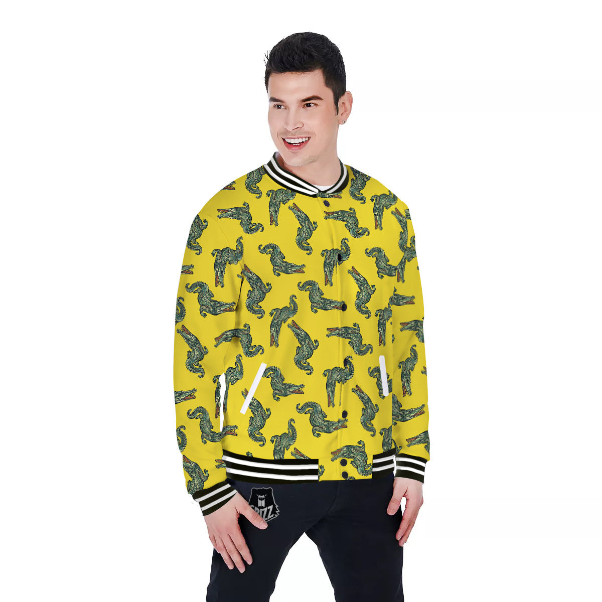 Green Crocodile And Yellow Print Pattern Baseball Jacket-grizzshop