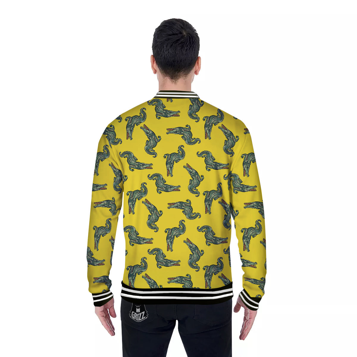 Green Crocodile And Yellow Print Pattern Baseball Jacket-grizzshop