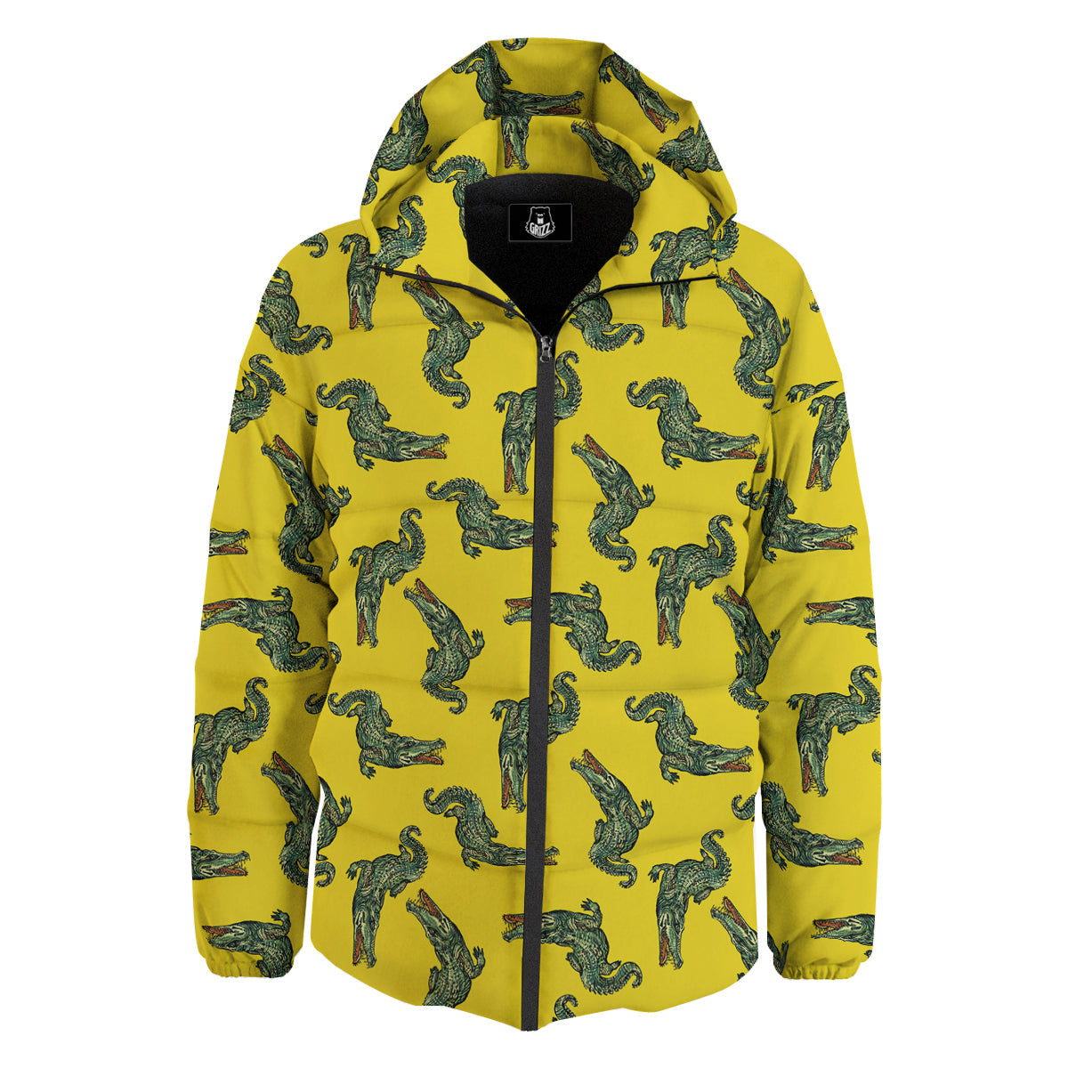 Green Crocodile And Yellow Print Pattern Down Jacket-grizzshop