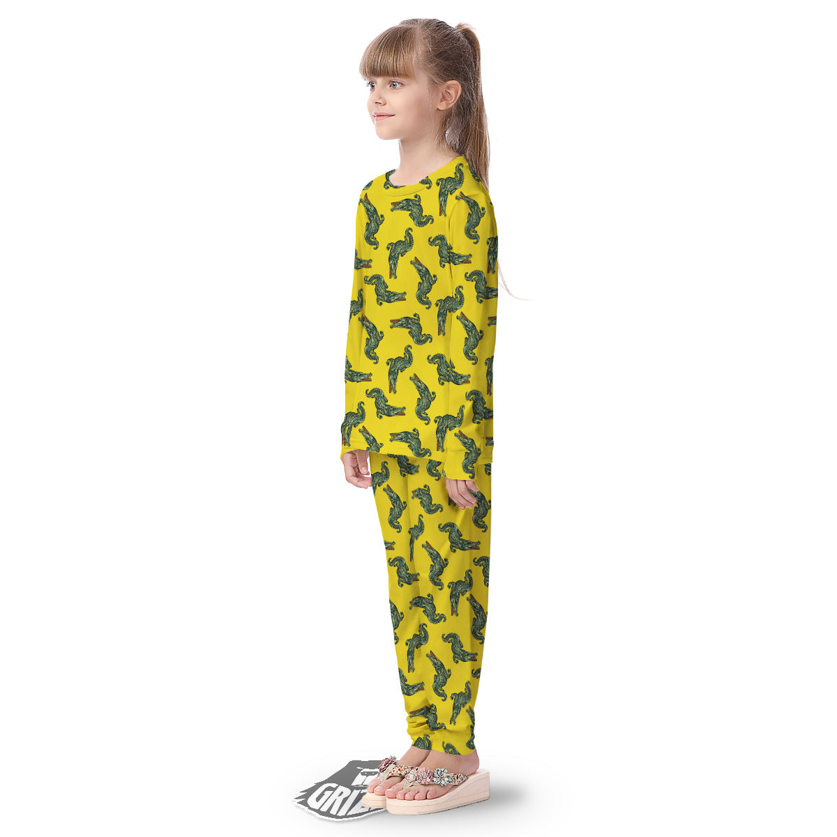 Green Crocodile And Yellow Print Pattern Kid's Pajamas-grizzshop