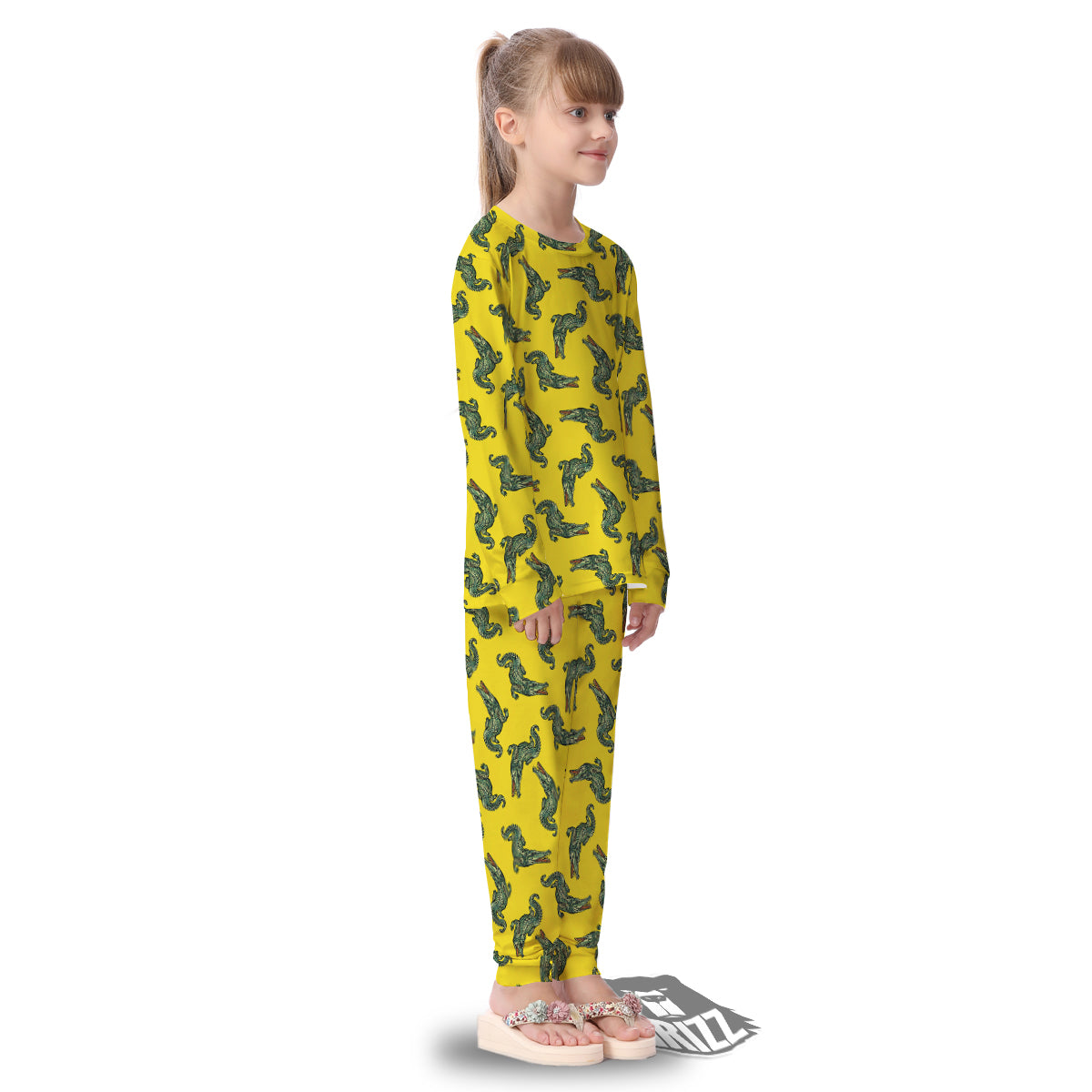 Green Crocodile And Yellow Print Pattern Kid's Pajamas-grizzshop