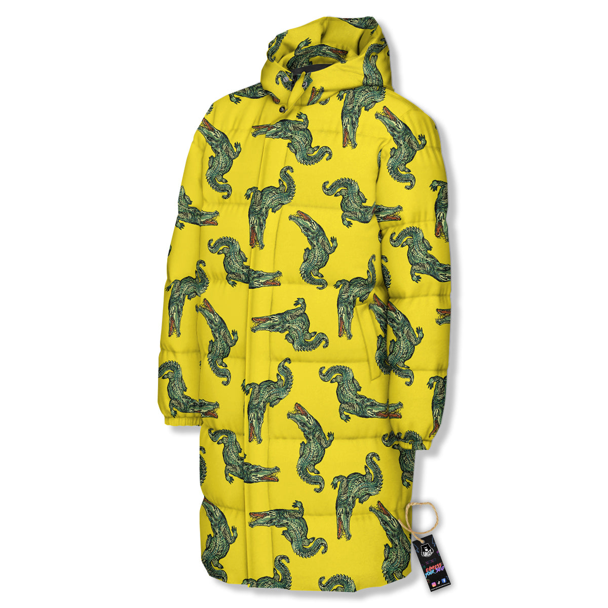 Green Crocodile And Yellow Print Pattern Long Down Jacket-grizzshop