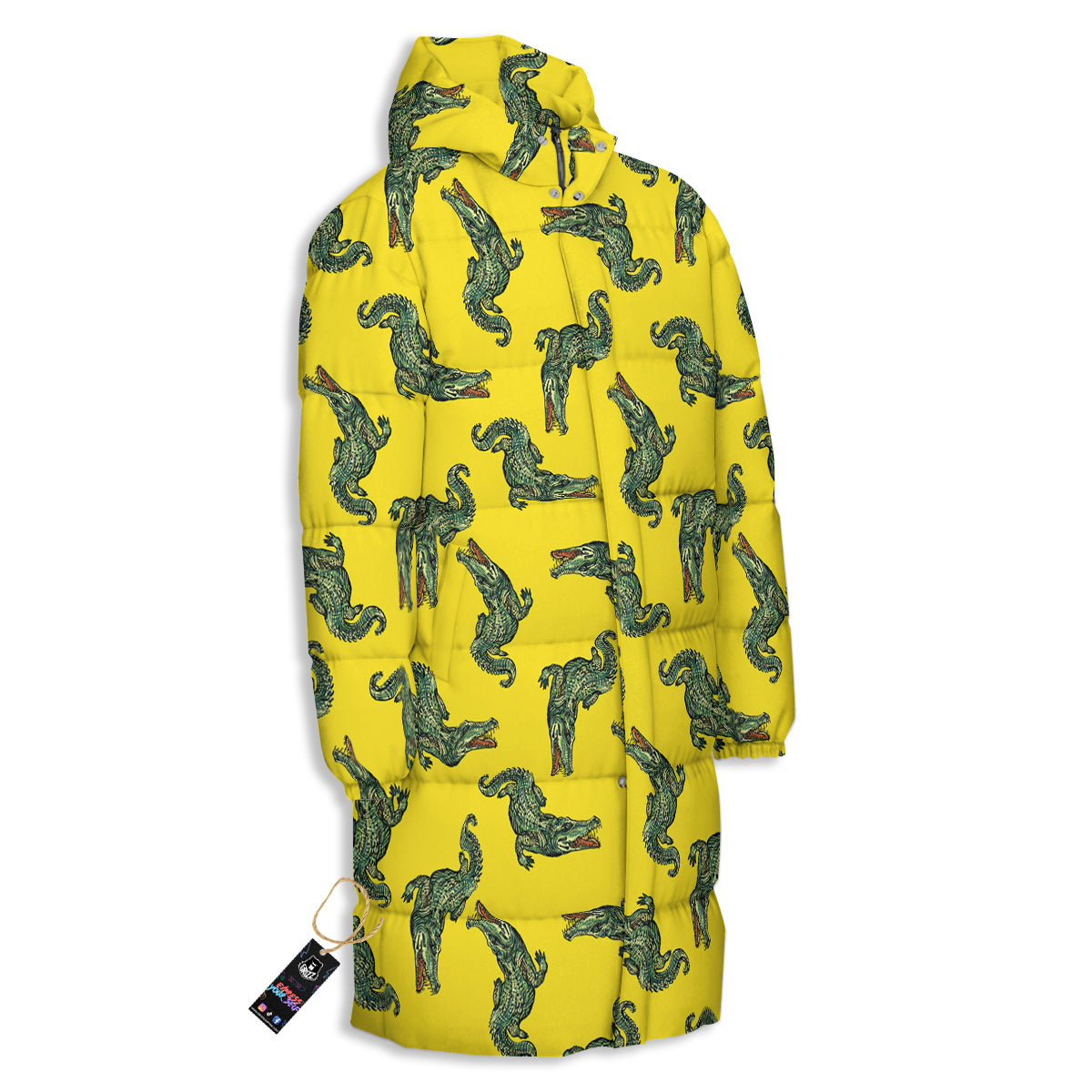 Green Crocodile And Yellow Print Pattern Long Down Jacket-grizzshop