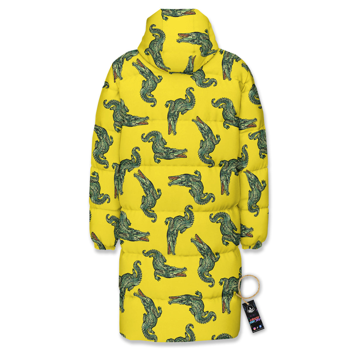 Green Crocodile And Yellow Print Pattern Long Down Jacket-grizzshop