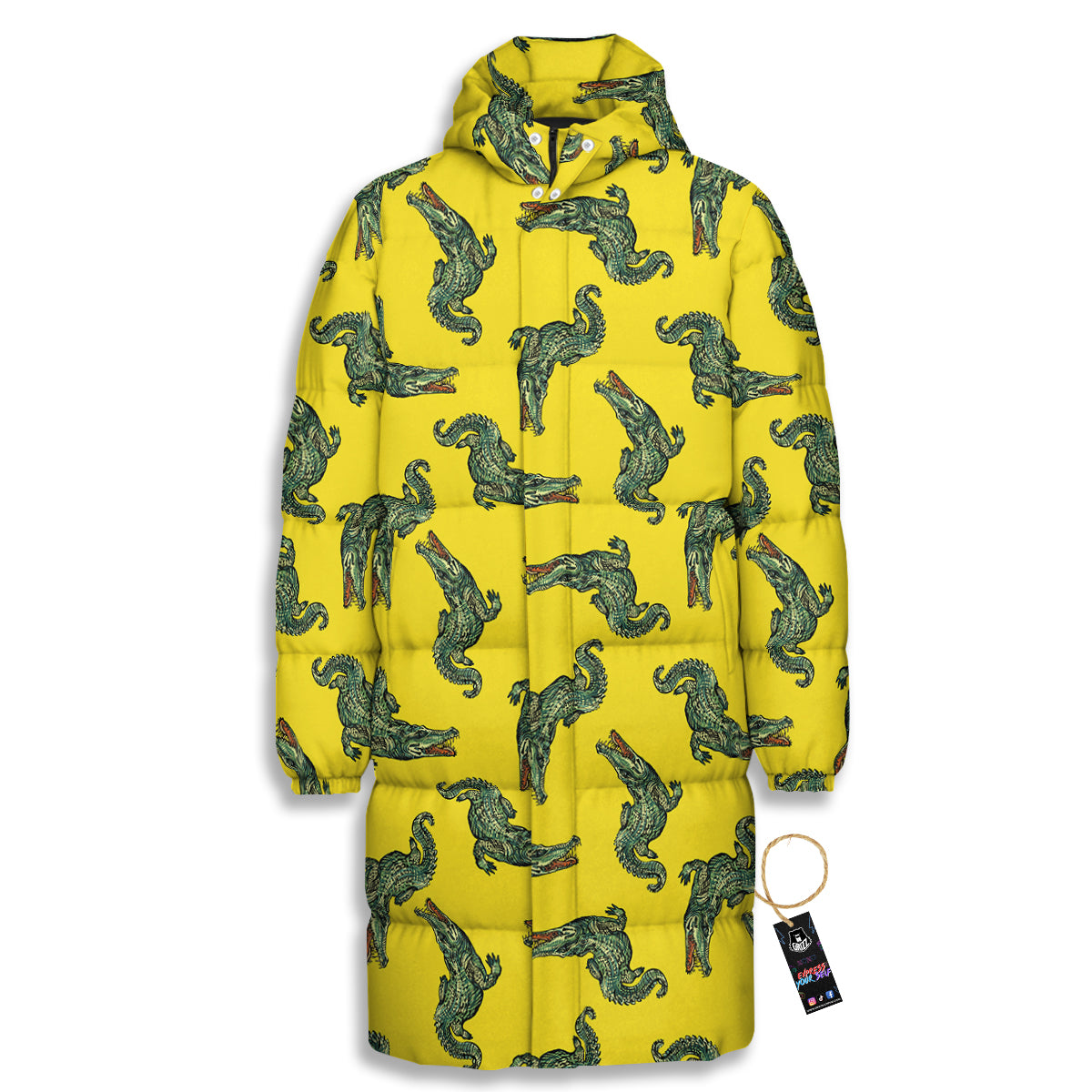 Green Crocodile And Yellow Print Pattern Long Down Jacket-grizzshop