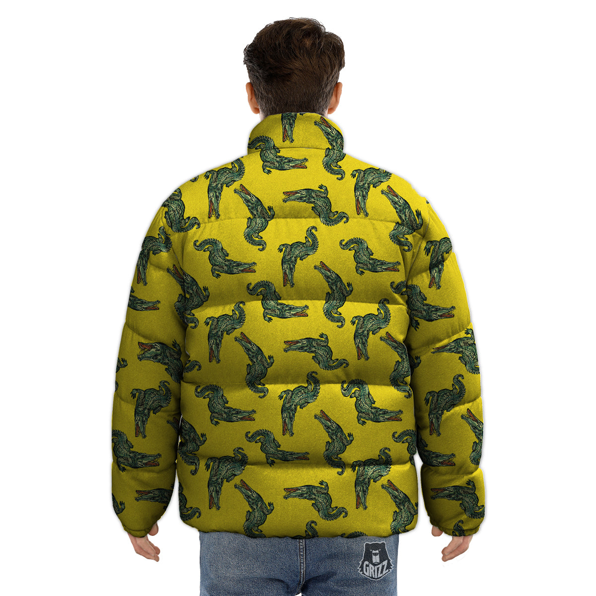 Green Crocodile And Yellow Print Pattern Puffer Jacket-grizzshop