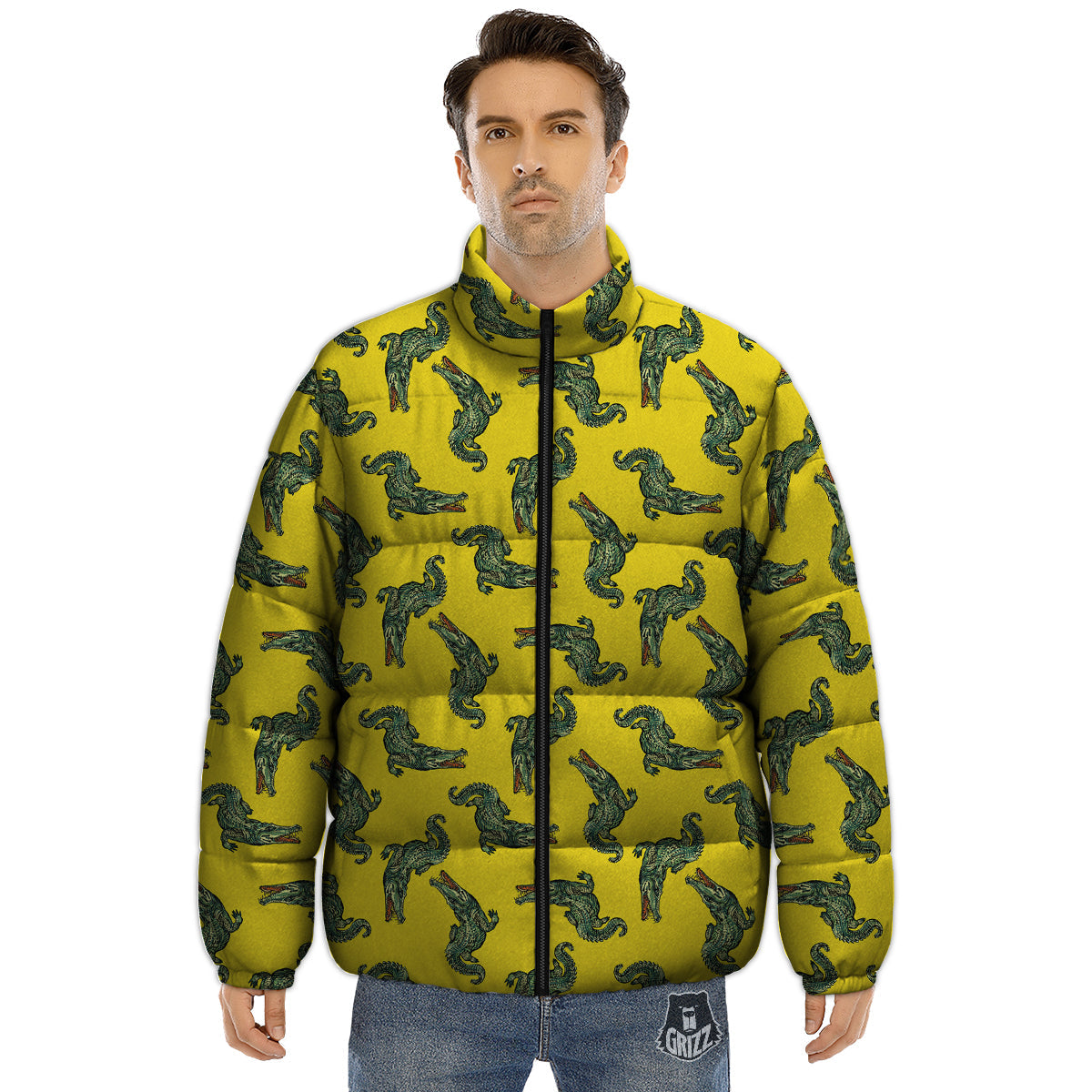 Green Crocodile And Yellow Print Pattern Puffer Jacket-grizzshop
