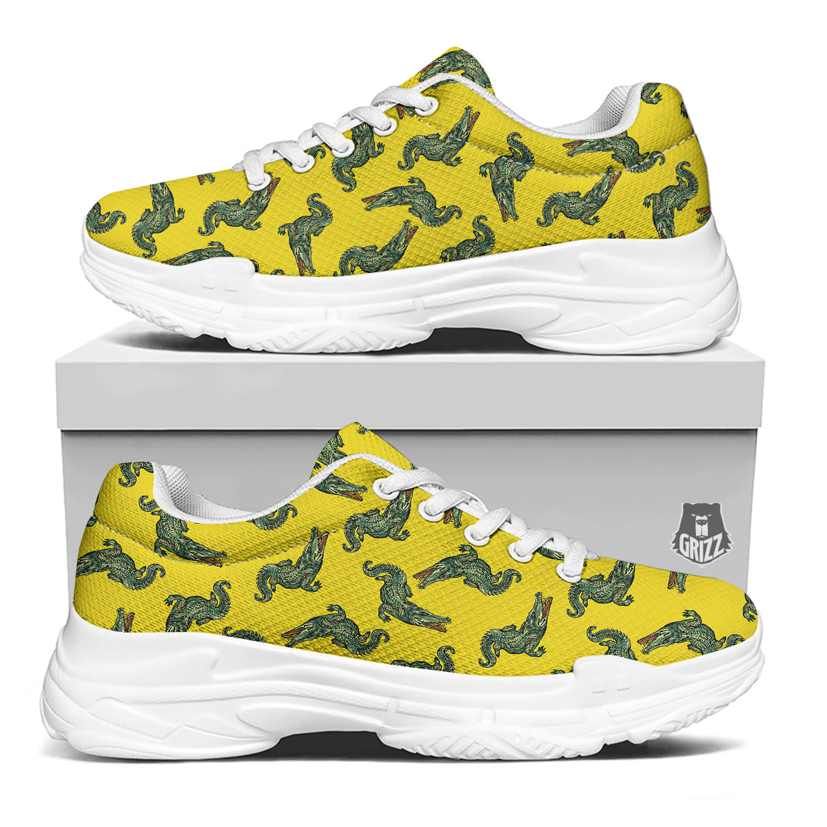 Green Crocodile And Yellow Print Pattern White Chunky Shoes-grizzshop