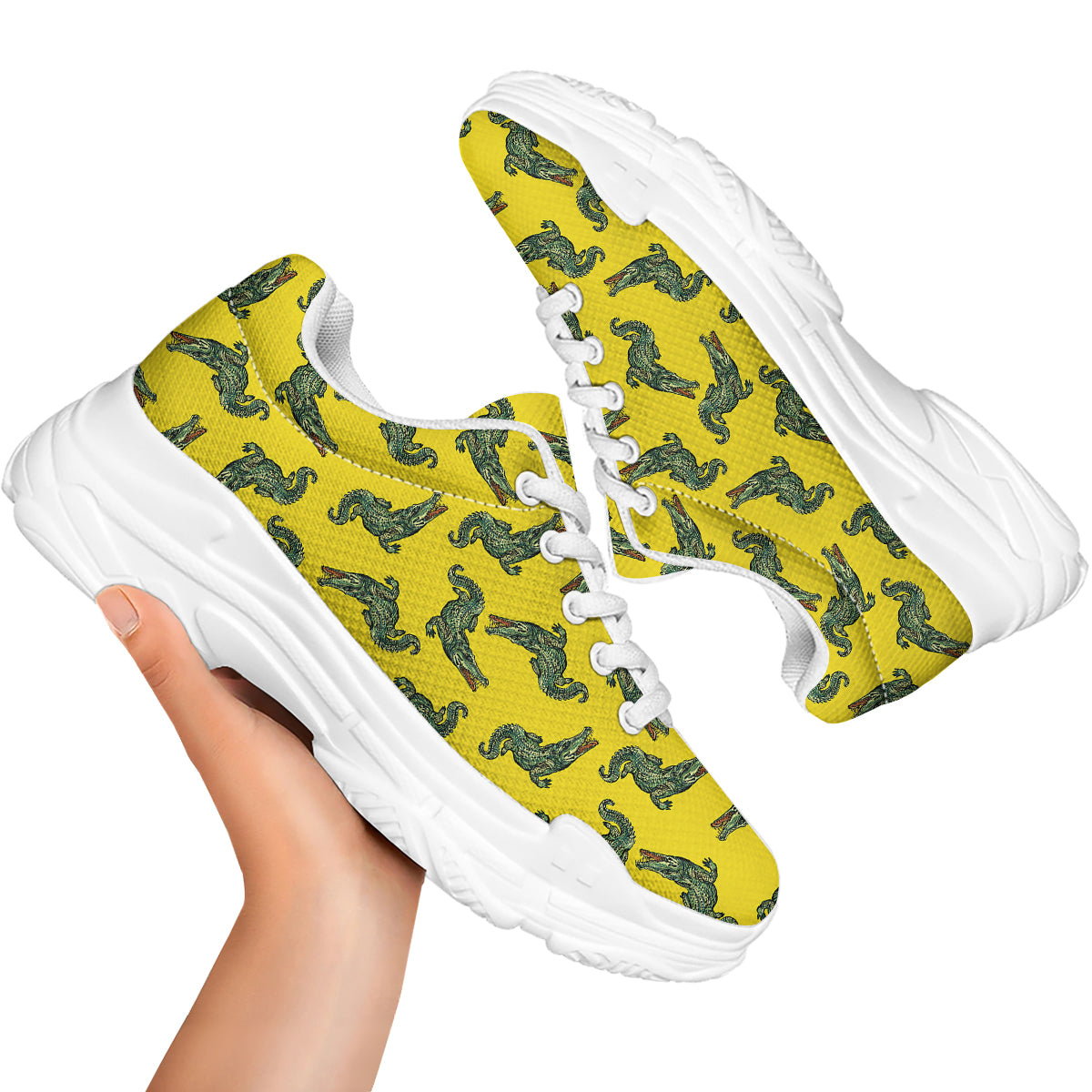 Green Crocodile And Yellow Print Pattern White Chunky Shoes-grizzshop