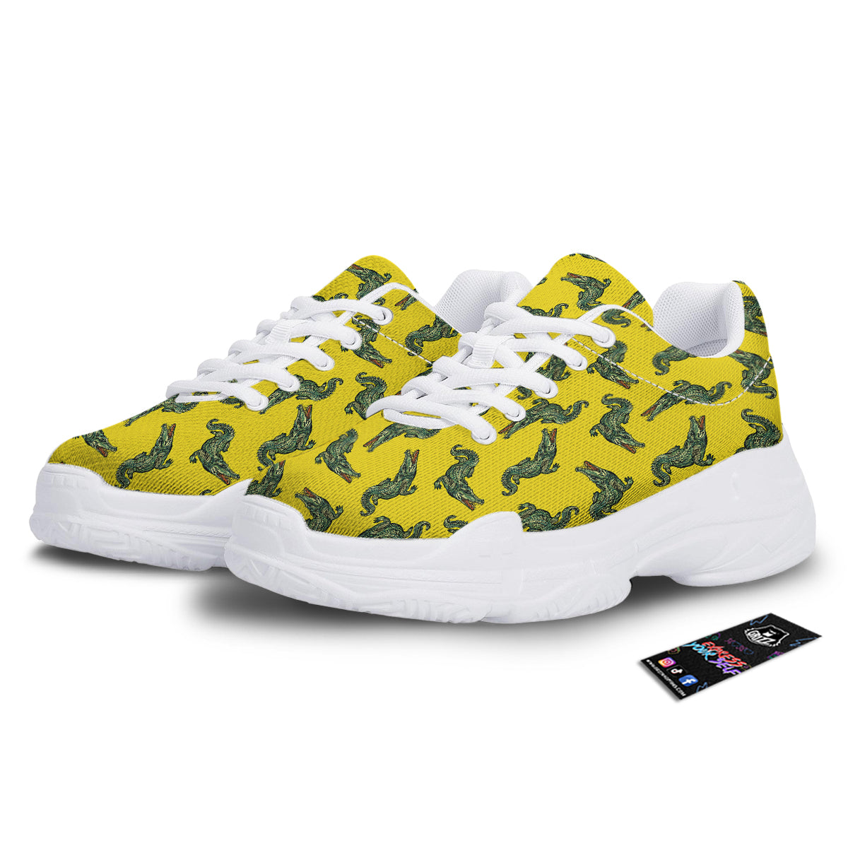 Green Crocodile And Yellow Print Pattern White Chunky Shoes-grizzshop