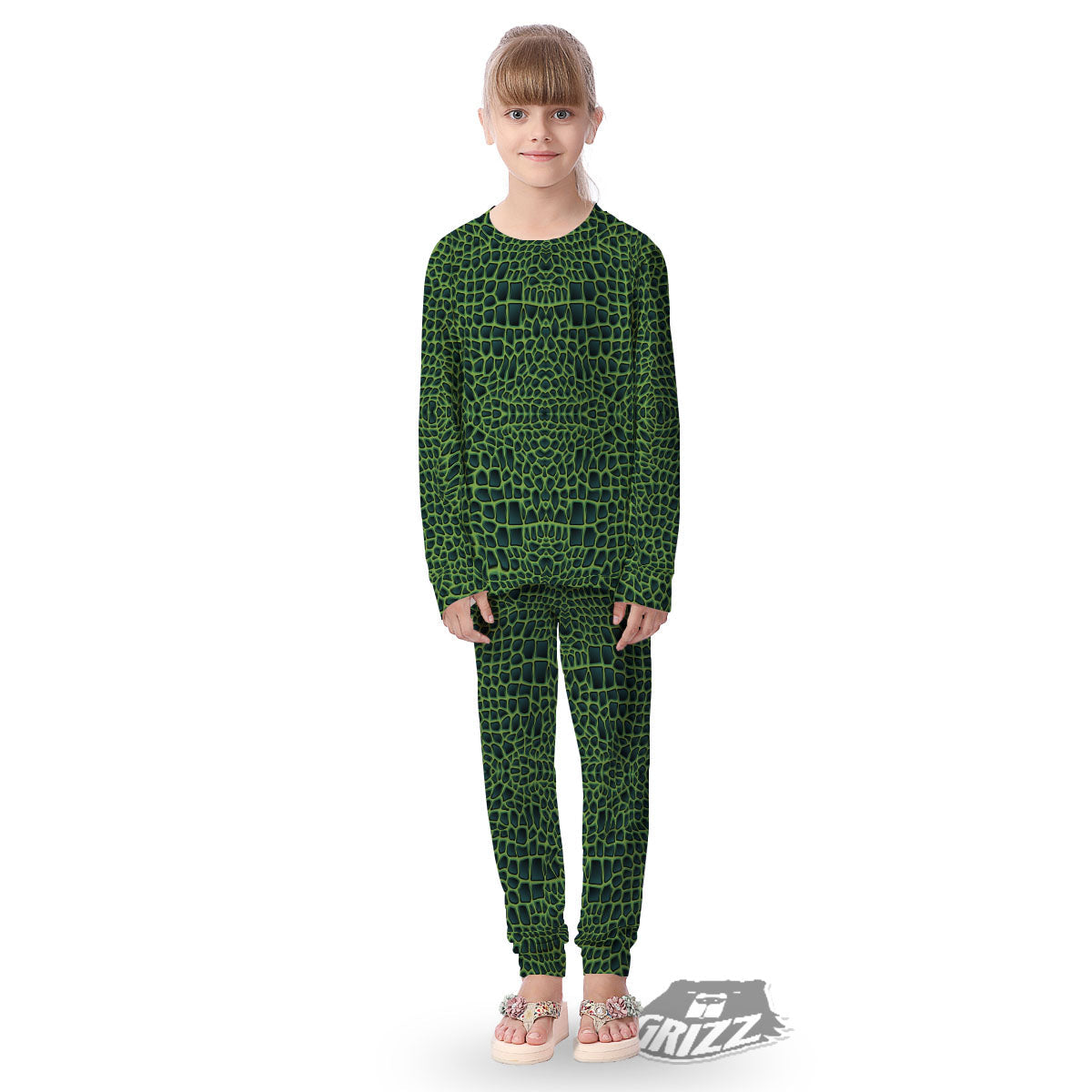 Green Crocodile Leather Skin Print Kid's Pajamas-grizzshop