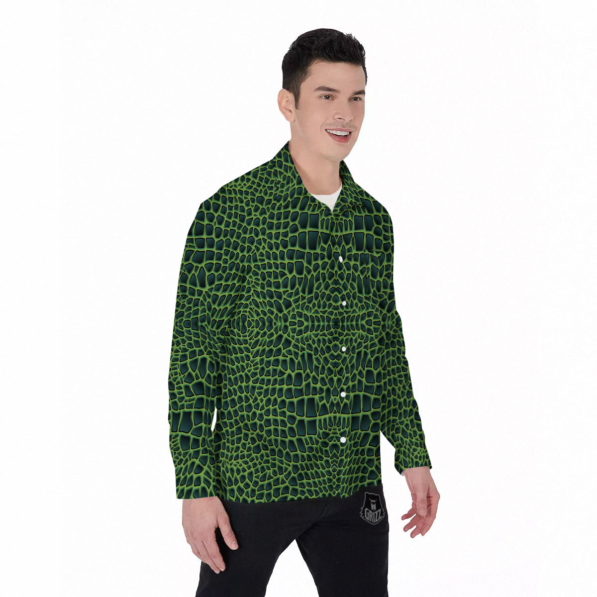 Green Crocodile Leather Skin Print Men's Long Sleeve Shirts-grizzshop