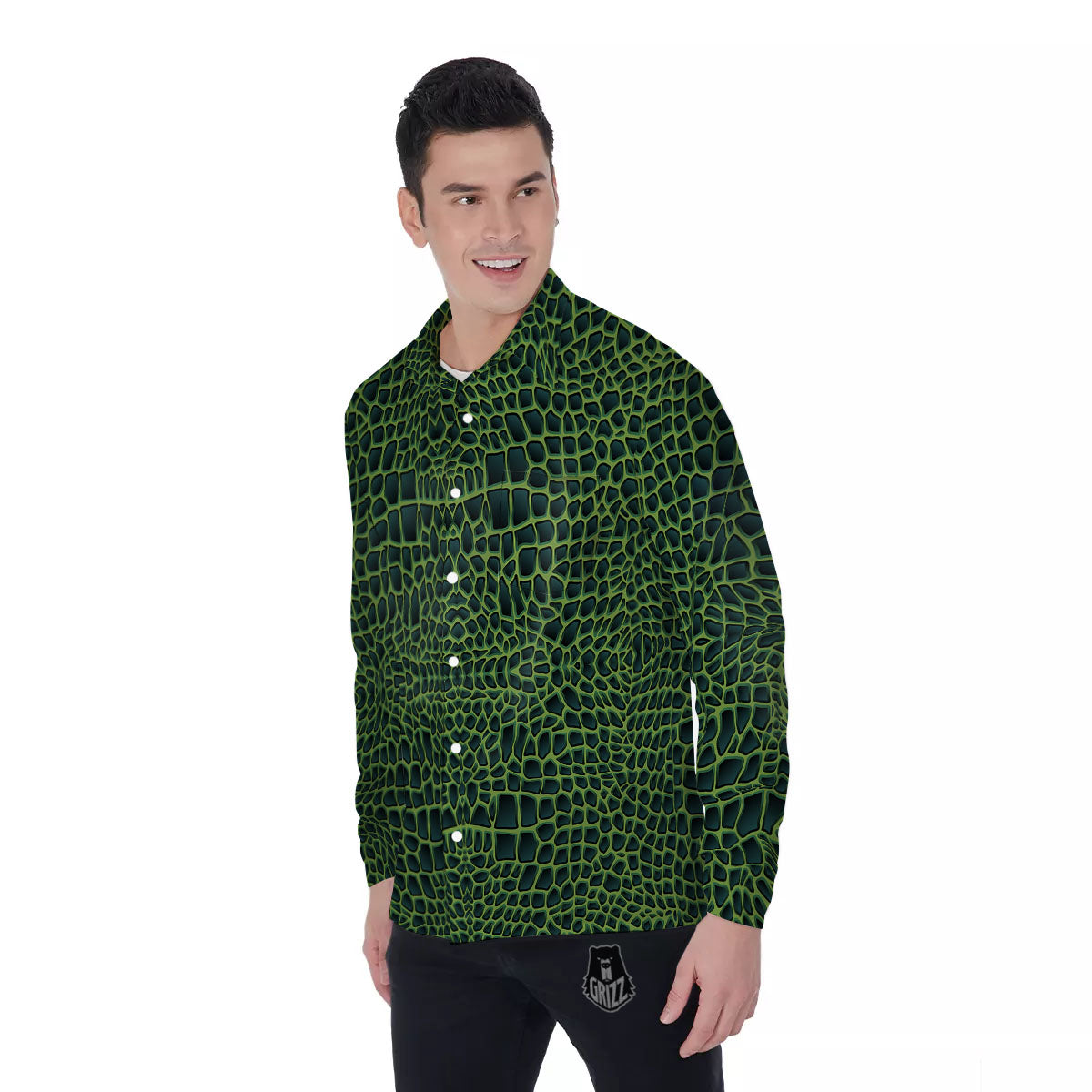 Green Crocodile Leather Skin Print Men's Long Sleeve Shirts-grizzshop