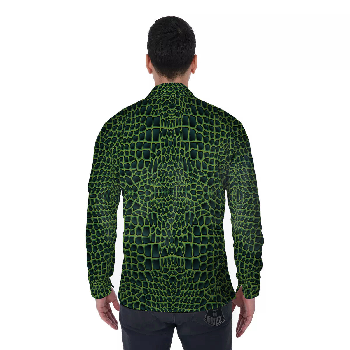 Green Crocodile Leather Skin Print Men's Long Sleeve Shirts-grizzshop