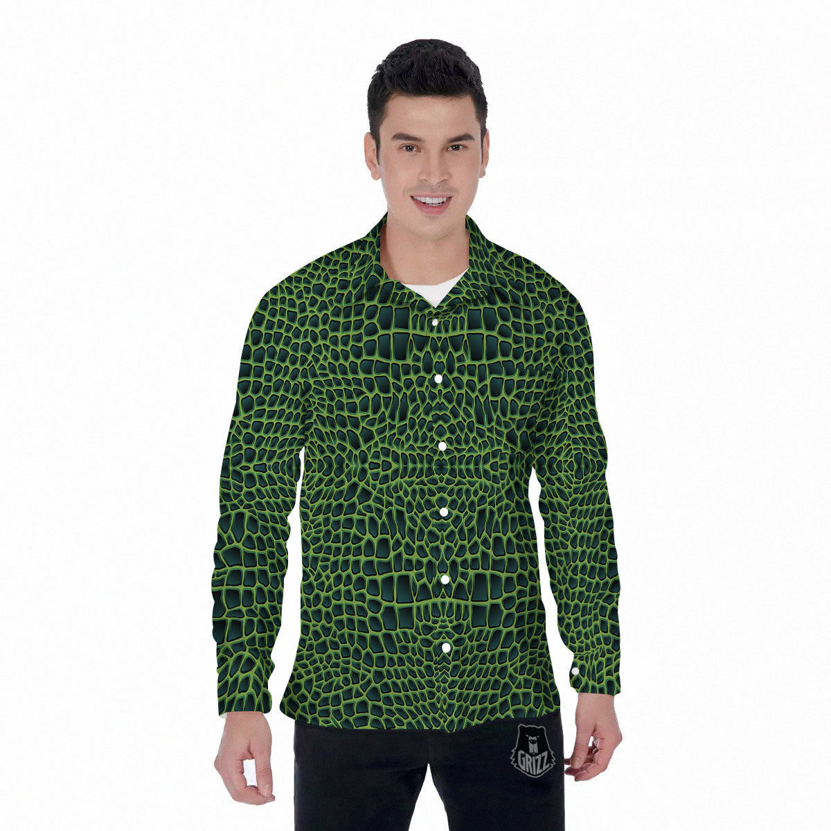 Green Crocodile Leather Skin Print Men's Long Sleeve Shirts-grizzshop
