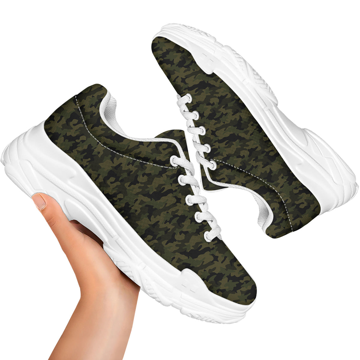 Green Dark And Black Camouflage Print White Chunky Shoes-grizzshop