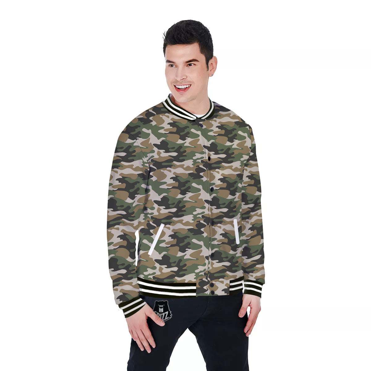 Green Desert Camouflage Print Baseball Jacket-grizzshop