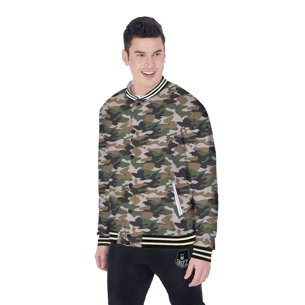 Green Desert Camouflage Print Baseball Jacket-grizzshop