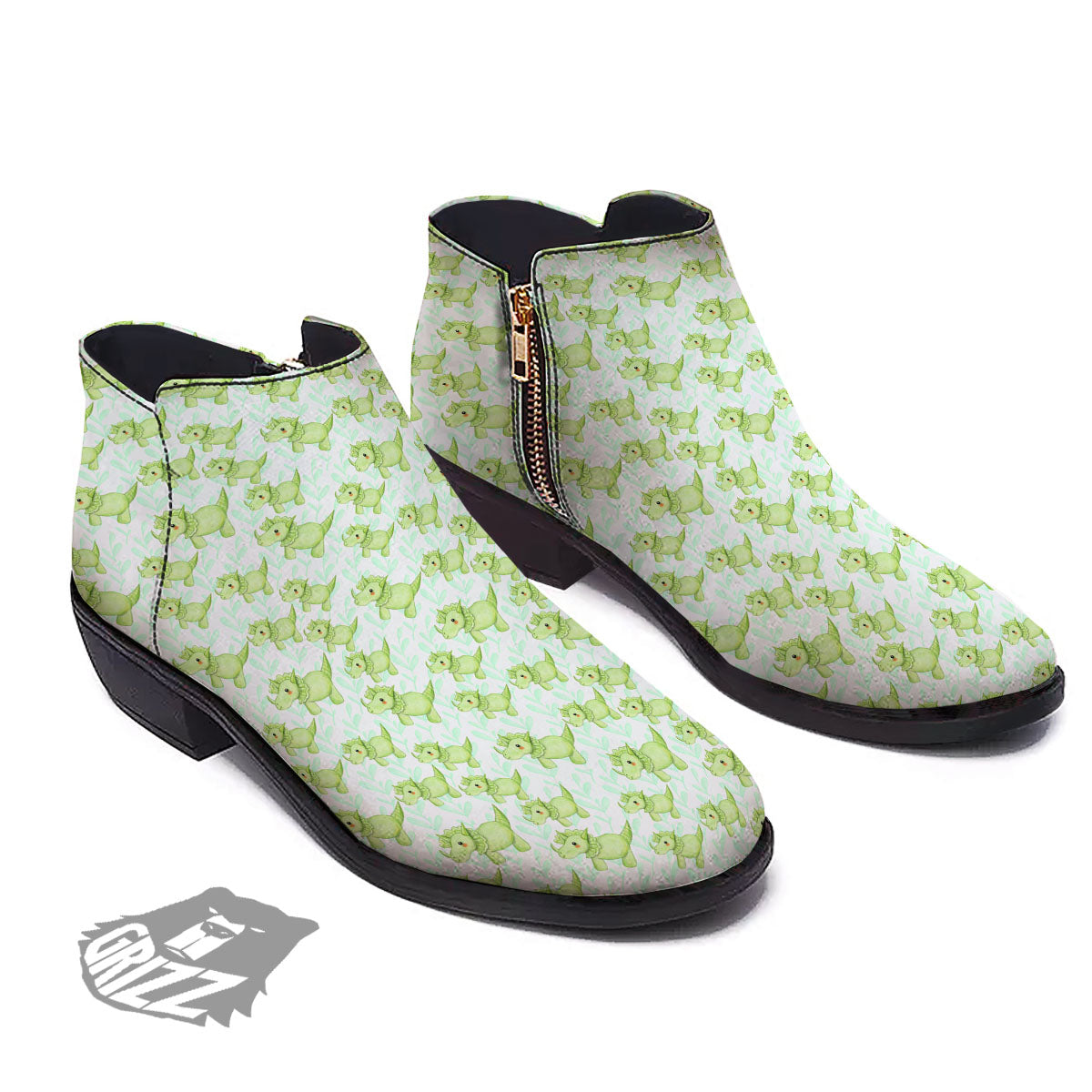 Green Dinosaur Little Print Pattern Ankle Boots-grizzshop