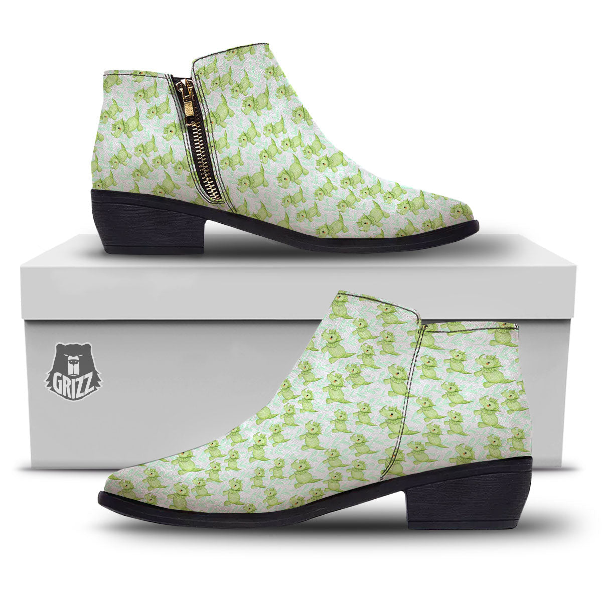 Green Dinosaur Little Print Pattern Ankle Boots-grizzshop