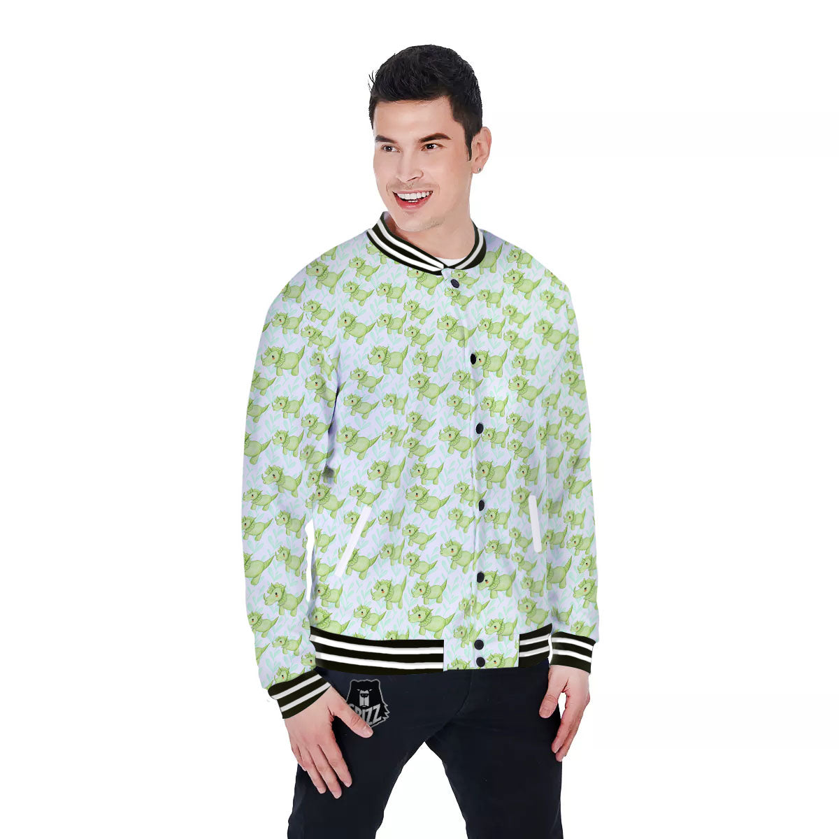 Green Dinosaur Little Print Pattern Baseball Jacket-grizzshop
