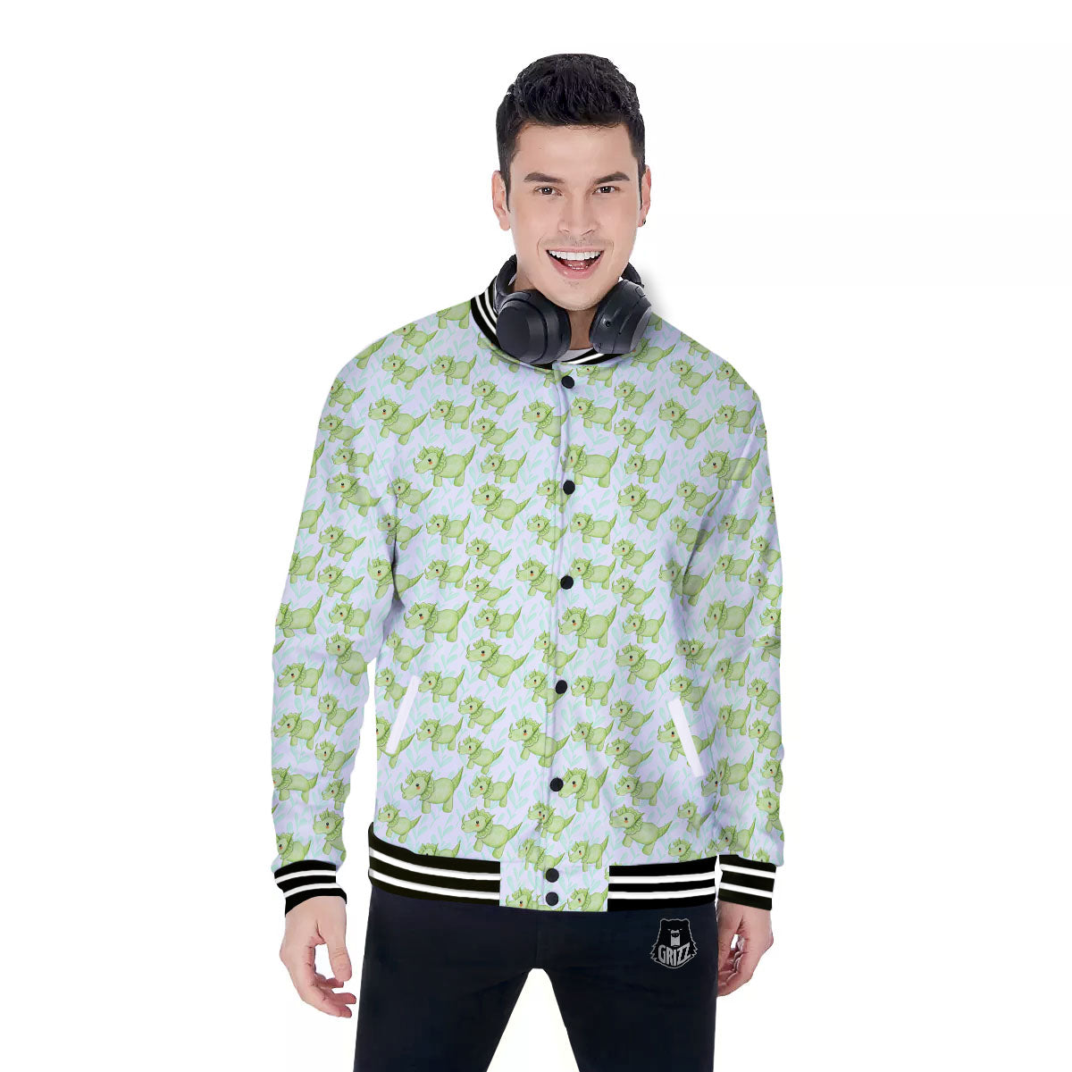 Green Dinosaur Little Print Pattern Baseball Jacket-grizzshop