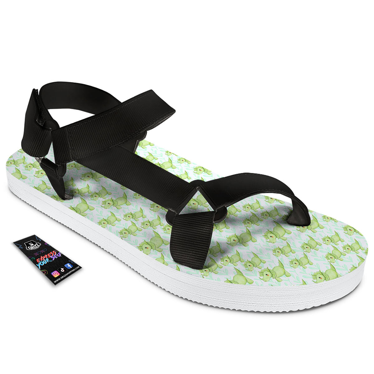 Green Dinosaur Little Print Pattern Black Open Toe Sandals-grizzshop