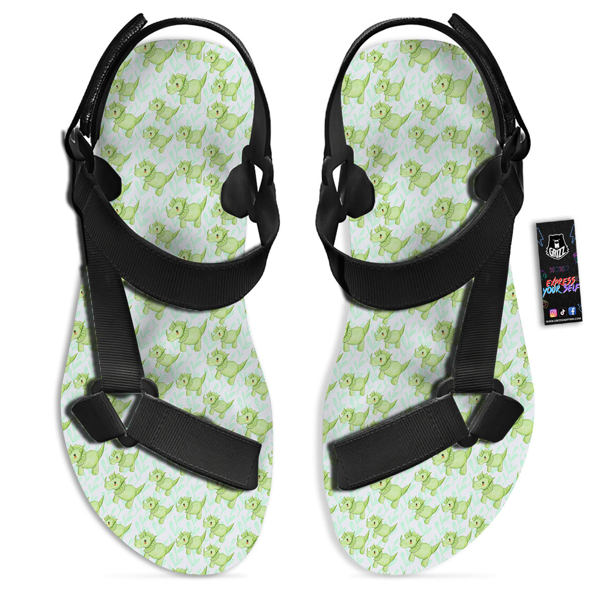 Green Dinosaur Little Print Pattern Black Open Toe Sandals-grizzshop