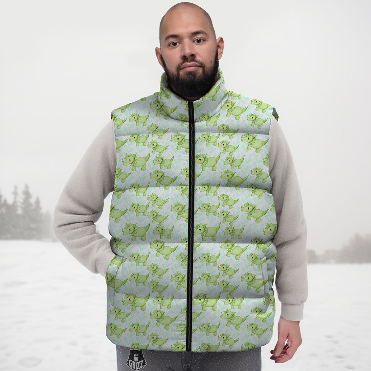 Green Dinosaur Little Print Pattern Down Vest