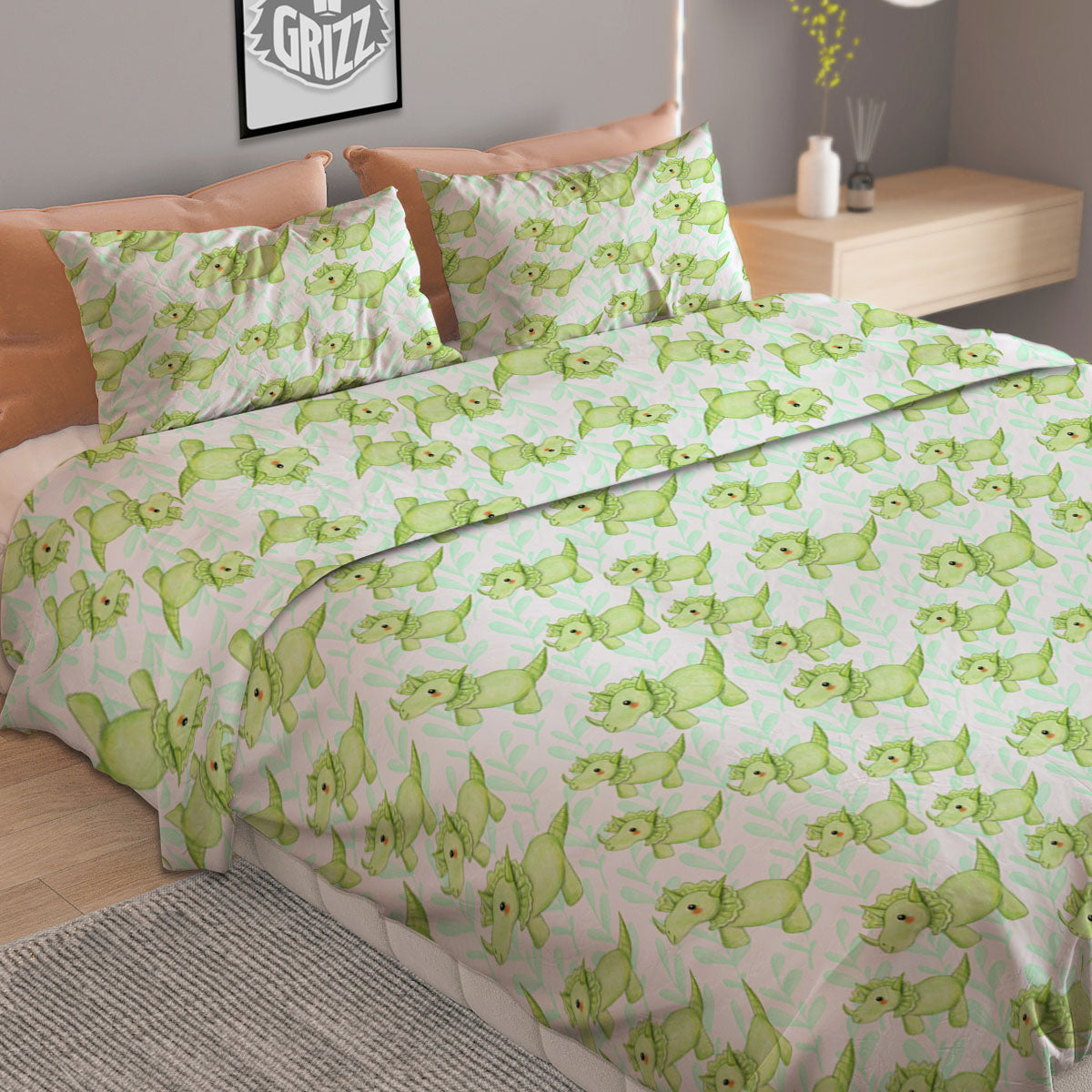 Green Dinosaur Little Print Pattern Duvet Cover Bedding Set