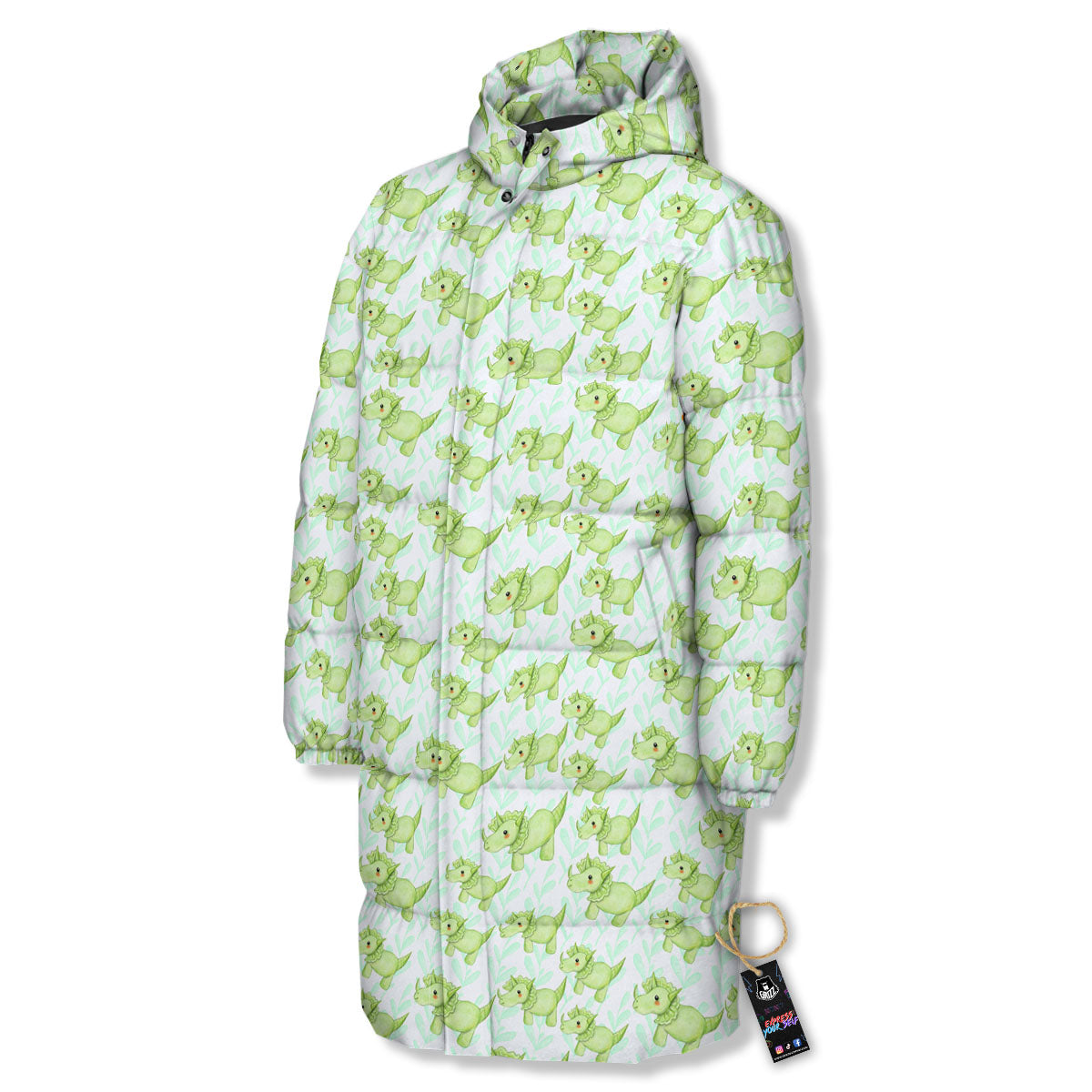 Green Dinosaur Little Print Pattern Long Down Jacket-grizzshop