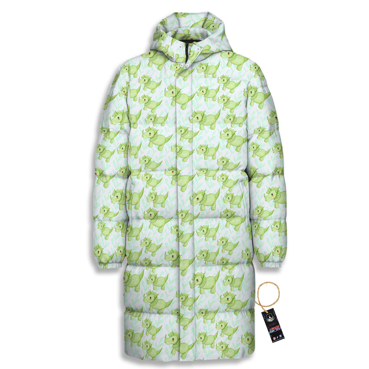 Green Dinosaur Little Print Pattern Long Down Jacket-grizzshop