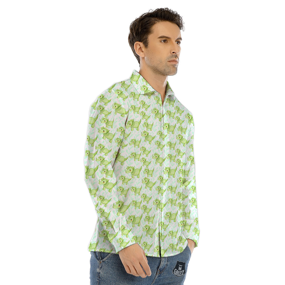 Green Dinosaur Little Print Pattern Men's Dress Shirts-grizzshop