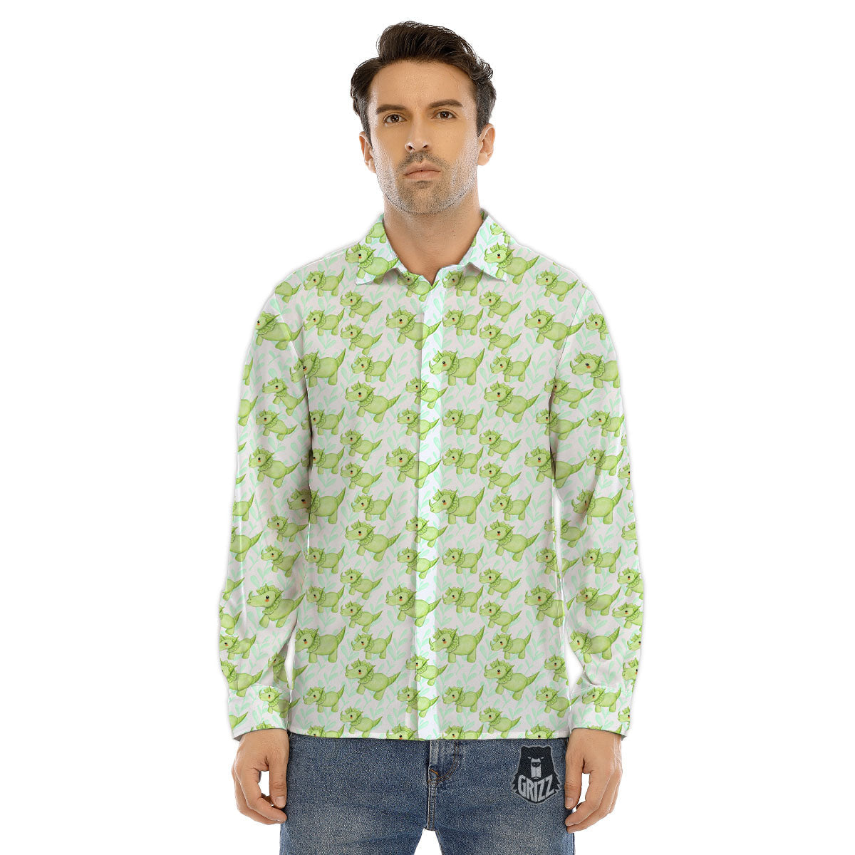 Green Dinosaur Little Print Pattern Men's Dress Shirts-grizzshop