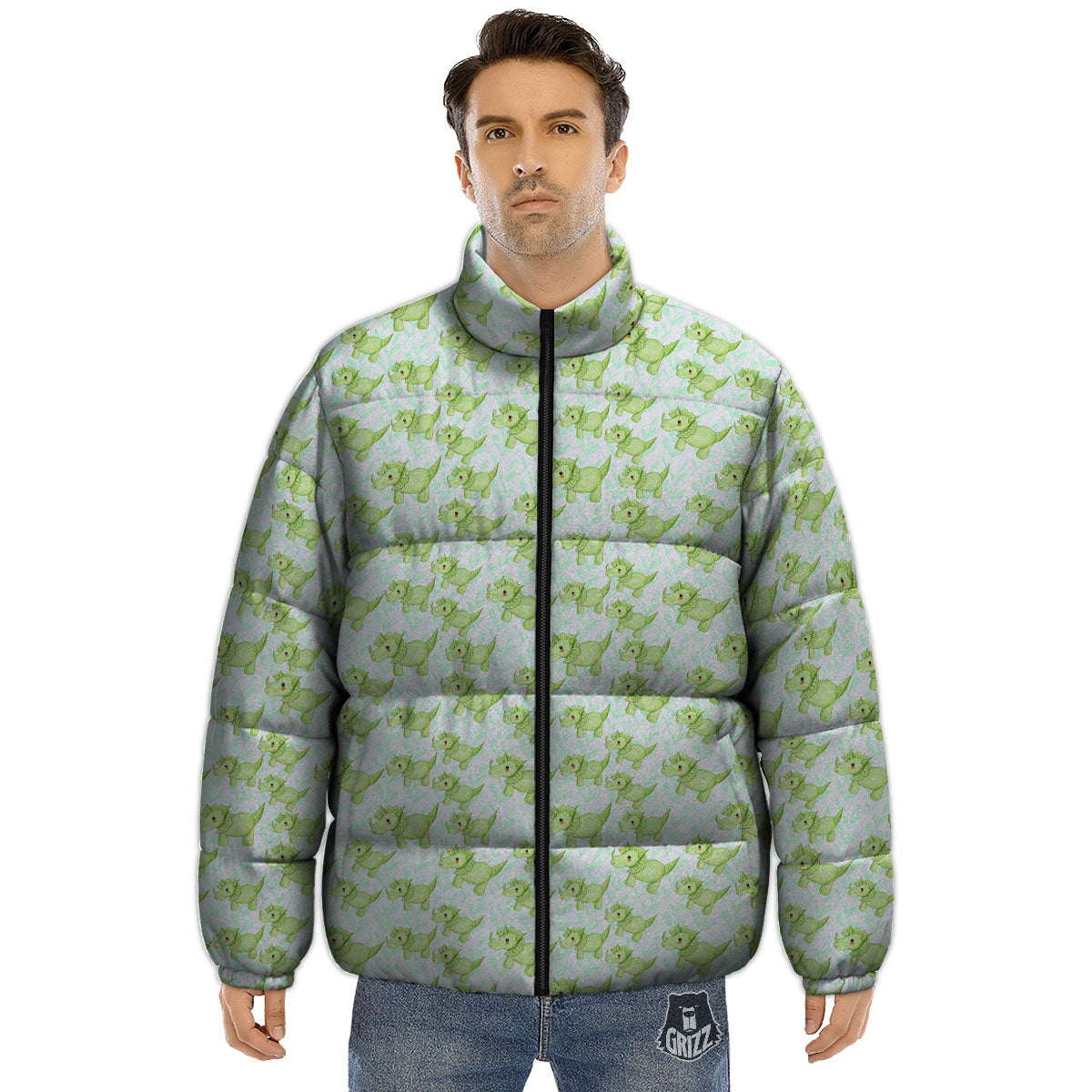 Green Dinosaur Little Print Pattern Puffer Jacket-grizzshop