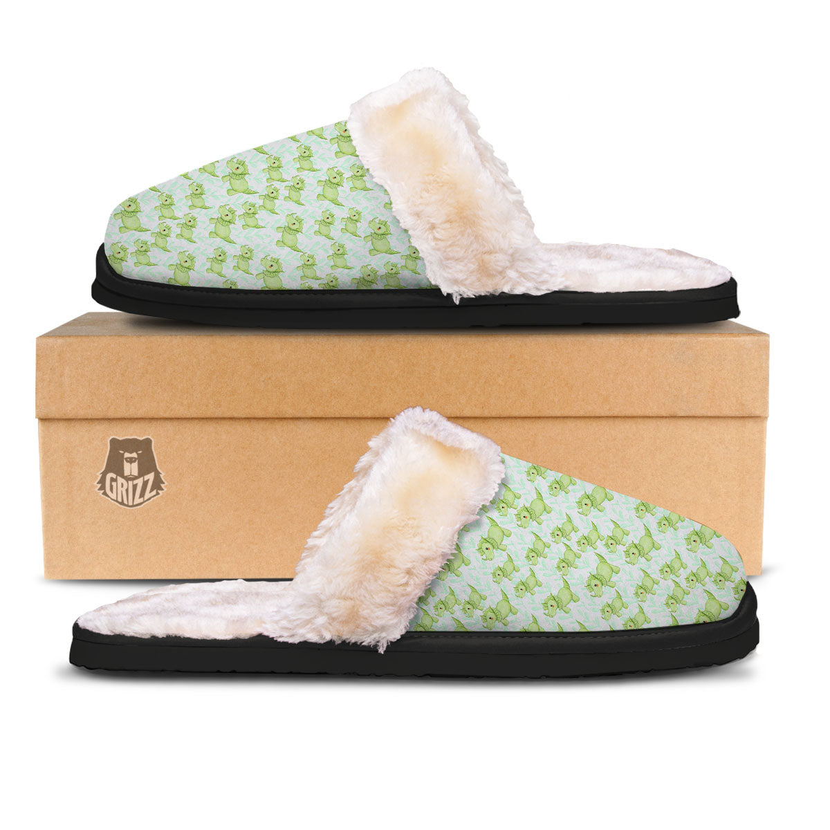 Green Dinosaur Little Print Pattern Slippers-grizzshop