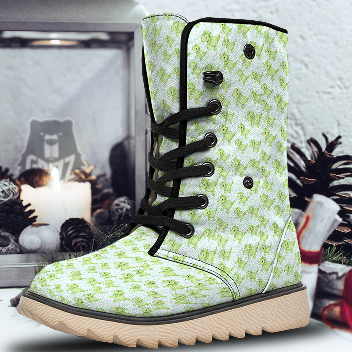 Green Dinosaur Little Print Pattern Snow Boots-grizzshop