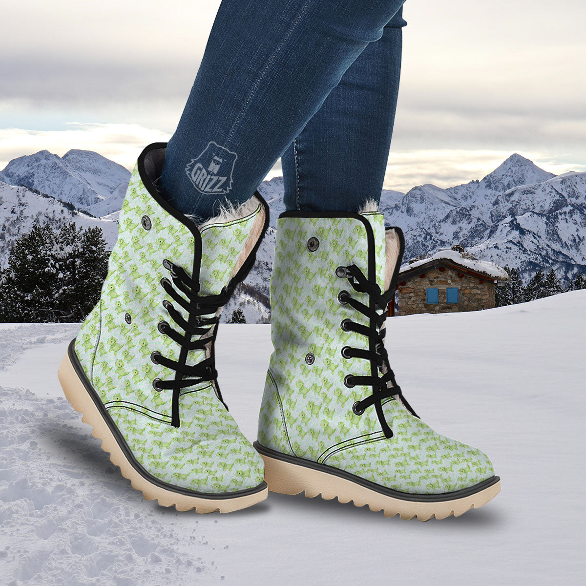 Green Dinosaur Little Print Pattern Snow Boots-grizzshop